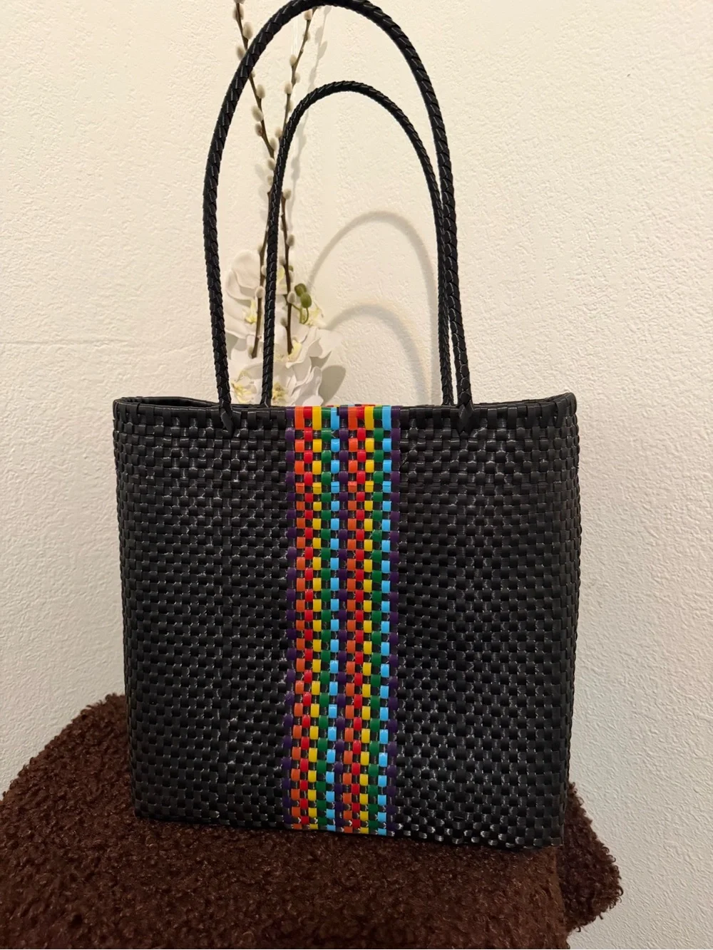 Black Woven Tote Bag with Rainbow Accent